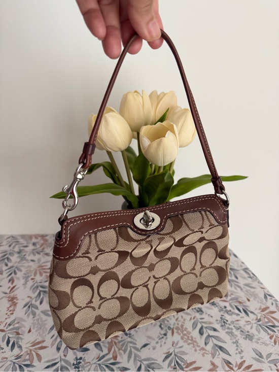 Coach Handbags - Coach Mini Shoulder Bag in Brown and Beige Signature Jacquard